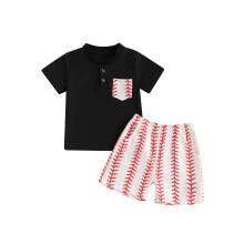 (0-6 Months, Black) Conjunto de verão infantil: camiseta V com bolso e shorts beisebol (2 peças)