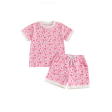 (5-6 Years, Pink) Conjunto de verão feminino infantil: blusa curta com estampa de laço e coração e shorts waffle com elástico.