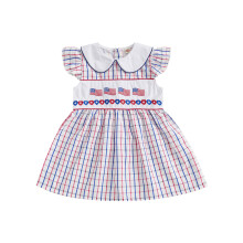(5-6 Years, Red) Vestido de niña del 4 de julio, manga corta, cuello redondo, bordado de bandera, vestido A en cuadrícula