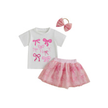 (6-12 Months, Pink) Conjunto infantil de verão 3 peças: blusa curta com estampa de laço, saia de tule e faixa de cabelo.