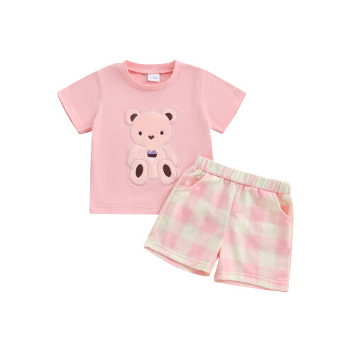 (6-12 Months, Pink) Σετ καλοκαιρινών ρούχων σχέδιο αρκουδάκι.