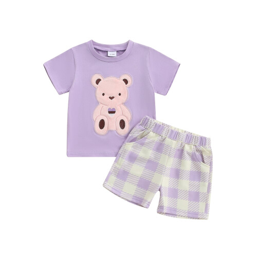 (18-24 Months, Purple) Σετ καλοκαιρινών ρούχων σχέδιο αρκουδάκι.