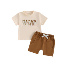 (12-18 Months, Khaki) Conjunto de pantalón corto para bebé niño, camiseta de manga corta con letras bordadas y pantalón corto.