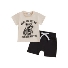 (6-12 Months, Khaki) Conjunto de verano para niño: camiseta de manga corta con estampado de animales y pantalón corto (2 piezas).