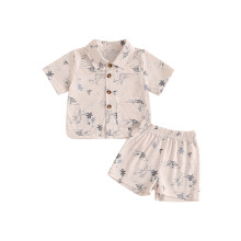 (18-24 Months, Beige) Souprava kraťasů pro miminka, letní outfit s potiskem stromů/kaktusů a kraťasy s elastickým pasem