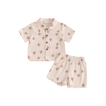 (6-12 Months, Khaki) Souprava kraťasů pro miminka, letní outfit s potiskem stromů/kaktusů a kraťasy s elastickým pasem