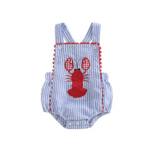 (12-18 Months, Navy Blue) Baba fiú nyári overall hétköznapi homár hímzés csíkos nyomtatás ujjatlan overall kisgyermek aranyos ruhákhoz