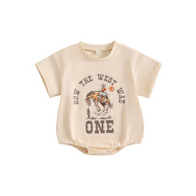 (6-12 Months, Khaki) Monos para bebé niño, ropa de cumpleaños, bodys de manga corta verano, estampado oeste