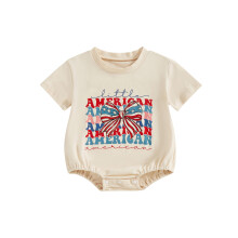 (6-12 Months, Apricot) Mono para bebé niña con estampado de lazo y letras, manga corta y cuello redondo.