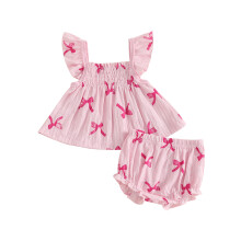 (18-24 Months, Pink) Letní oblečení pro holčičky, top s mašlí a kraťasy, sada 2 kusy