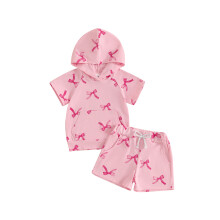 (2-3 Years, Pink) Letní sada 2 ks s mašlí pro batole a holčičku, top s kapucí a elastickým pasem