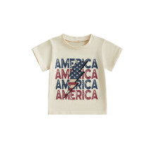 (1-2 Years, Beige) Jungen-T-Shirt zum 4. Juli, Kurzarm, Rundhalsausschnitt, Buchstabenprint, lockere Passform, für den Sommer