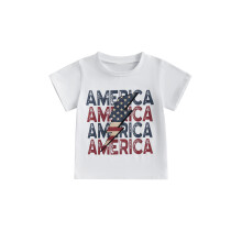 (3-4 Years, White) T-shirt garçon col rond, manches courtes, coupe ample, imprimé lettres, parfait pour l'été et le 4 juillet.