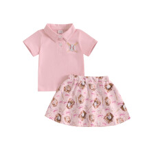 (2-3 Years, Pink) Letní oblečení pro batolečí dívky, top s krátkým rukávem, baseballový potisk, áčková sukně, sada 2 ks