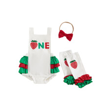(6-12 Months, White) Peleles para bebés niñas, ropa de cumpleaños, bodys de verano con estampado de fresas y diadema.