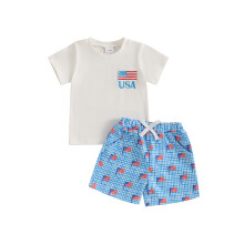 (6-12 Months, White) Sada kraťasů pro miminka, tričko s krátkým rukávem a kostkované šortky, letní outfit na 4. července.