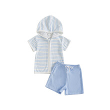 (18-24 Months, Blue) Letní oblečení pro batolata s kapucí, trička s krátkým rukávem a elastickým pasem, 2dílná sada oblečení