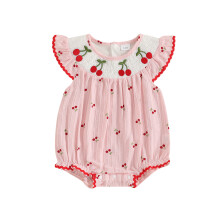 (12-18 Months, Pink) Monos de bebé niña con bordado de cerezas, cuello redondo, mangas cortas, monos de moda para bebés
