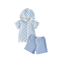 (4-5Y, SKY BLUE) Letní oblečení pro batolata s kapucí, trička s krátkým rukávem a elastickým pasem, 2dílná sada oblečení