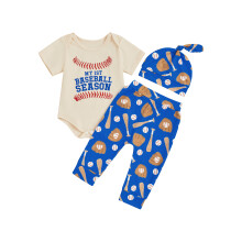 (12-18 Months, Blue) Letní sada 3 kusů baseballového oblečení pro chlapečka s krátkým rukávem a kalhoty, uzlová čepice.