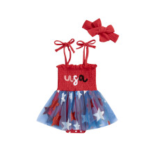 (18-24 Months, Red) Mono para bebé niña 4 de julio con bordado de letras, estampado de estrellas, sin mangas y diadema.