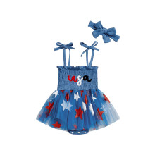 (0-3 Months, Blue) Mono para bebé niña 4 de julio con bordado de letras, estampado de estrellas, sin mangas y diadema.
