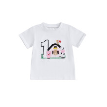(12 Months, White) Mädchen-T-Shirt, Kurzarm, Rundhalsausschnitt, Tier- und Zahlenstickerei, Sommertop für Freizeit und Geburtstag