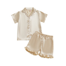 (6-7 Years, Beige) Ensemble pyjama d'été pour bébé fille, haut à manches courtes avec col en V et short à volants, 2 pièces.