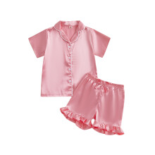 (3-4 Years, Pink) Ensemble pyjama d'été pour bébé fille, haut à manches courtes avec col en V et short à volants, 2 pièces.