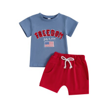(2-3 Years, Blue) Chlapecký outfit k narozeninám, tričko s krátkým rukávem a kraťasy, 2 kusy, s americkou vlajkou.