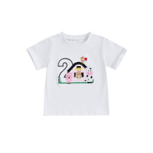 (24 Months, White) Mädchen-T-Shirt, Kurzarm, Rundhalsausschnitt, Tier- und Zahlenstickerei, Sommertop für Freizeit und Geburtstag