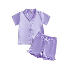 (1-2 Years, Purple) Ensemble pyjama d'été pour bébé fille, haut à manches courtes avec col en V et short à volants, 2 pièces.