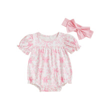 (12-18 Months, Pink) Mono de niña con estampado de lazo, conjunto de verano de 2 piezas con diadema y mangas con volantes.