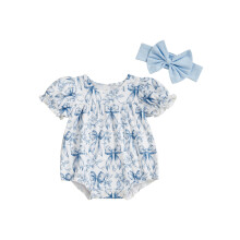 (0-3 Months, Blue) Mono de niña con estampado de lazo, conjunto de verano de 2 piezas con diadema y mangas con volantes.