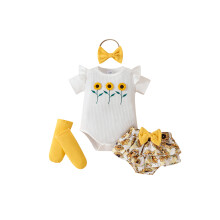 (12-18 Months, White) Letní oblečení pro miminka, dívčí set s krátkým rukávem, slunečnice, overal + kraťasy + čelenka + ponožky