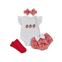 (6-9M, Red) Letní oblečení pro miminka, dívčí set s krátkým rukávem, slunečnice, overal + kraťasy + čelenka + ponožky