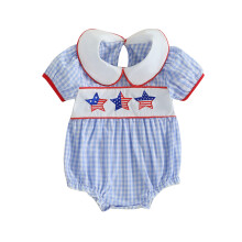 (6-9 Months, Sky Blue) Mono corto con cuello de muñeca y bordado de letras y estrellas para niñas del Día de la Independencia