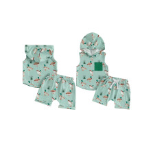 (6-12 Months, Green) Sada kraťasů pro miminka, vesta s kapucí a potiskem kachen a elastickým pasem, letní outfit