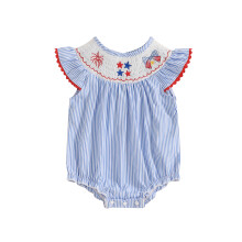 (6-9 Months, Blue) Pelele bebé niña, manga corta, cuello redondo, rayas, bordado estrellas, lazo, body infantil, ropa 4 de julio