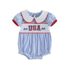 (3-6 Months, Blue) Mono corto con cuello de muñeca y bordado de letras y estrellas para niñas del Día de la Independencia