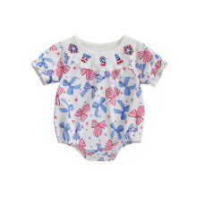 (12-18 Months, Red) Mono corto de manga corta con cuello redondo y lazo para bebé niña, ideal para el Día de la Independencia.