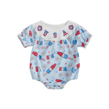 (12-18 Months, Blue) Mono corto de manga corta con cuello redondo y lazo para bebé niña, ideal para el Día de la Independencia.