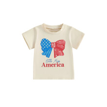 (4-5 Years, Beige) T-shirt pour fille, motif nĆud et lettres, manches courtes, col rond, parfait pour le 4 juillet.