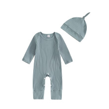 (0-3 Months, Blue) Rompertje voor pasgeboren baby's, lente, effen kleur, lange mouwen, ronde hals, jumpsuit met mutsje.