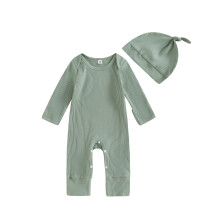 (Newborn, Green) Rompertje voor pasgeboren baby's, lente, effen kleur, lange mouwen, ronde hals, jumpsuit met mutsje.