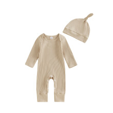 (6-12 Months, Apricot) Rompertje voor pasgeboren baby's, lente, effen kleur, lange mouwen, ronde hals, jumpsuit met mutsje.