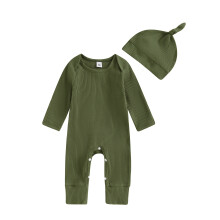 (Newborn, Army Green) Rompertje voor pasgeboren baby's, lente, effen kleur, lange mouwen, ronde hals, jumpsuit met mutsje.