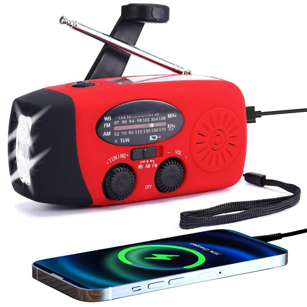 NOAA Weather Alert Solar and Hand Crank Emergency Radio with AM FM WB, LED Flashlight, SOS, Phone Charger