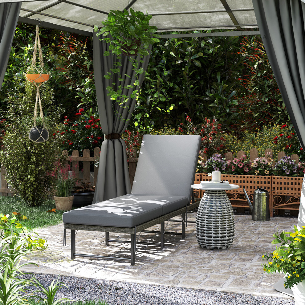 Outsunny Folding Rattan Sun Lounger With Adjustable Back, Cushion, Grey