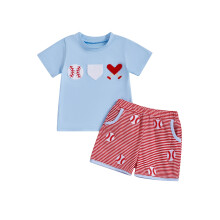 (3-6 Months, Blue) Conjunto de verão para bebê menino: camiseta de beisebol bordada de manga curta com shorts listrados.
